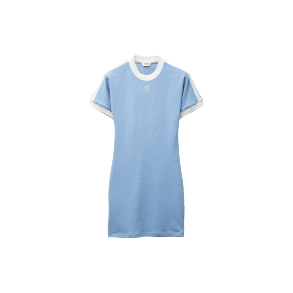Versace Embroidered-Logo Stretch Cotton-Jersey Mini Dress in Light Blue | Mini Dresses | Coveti