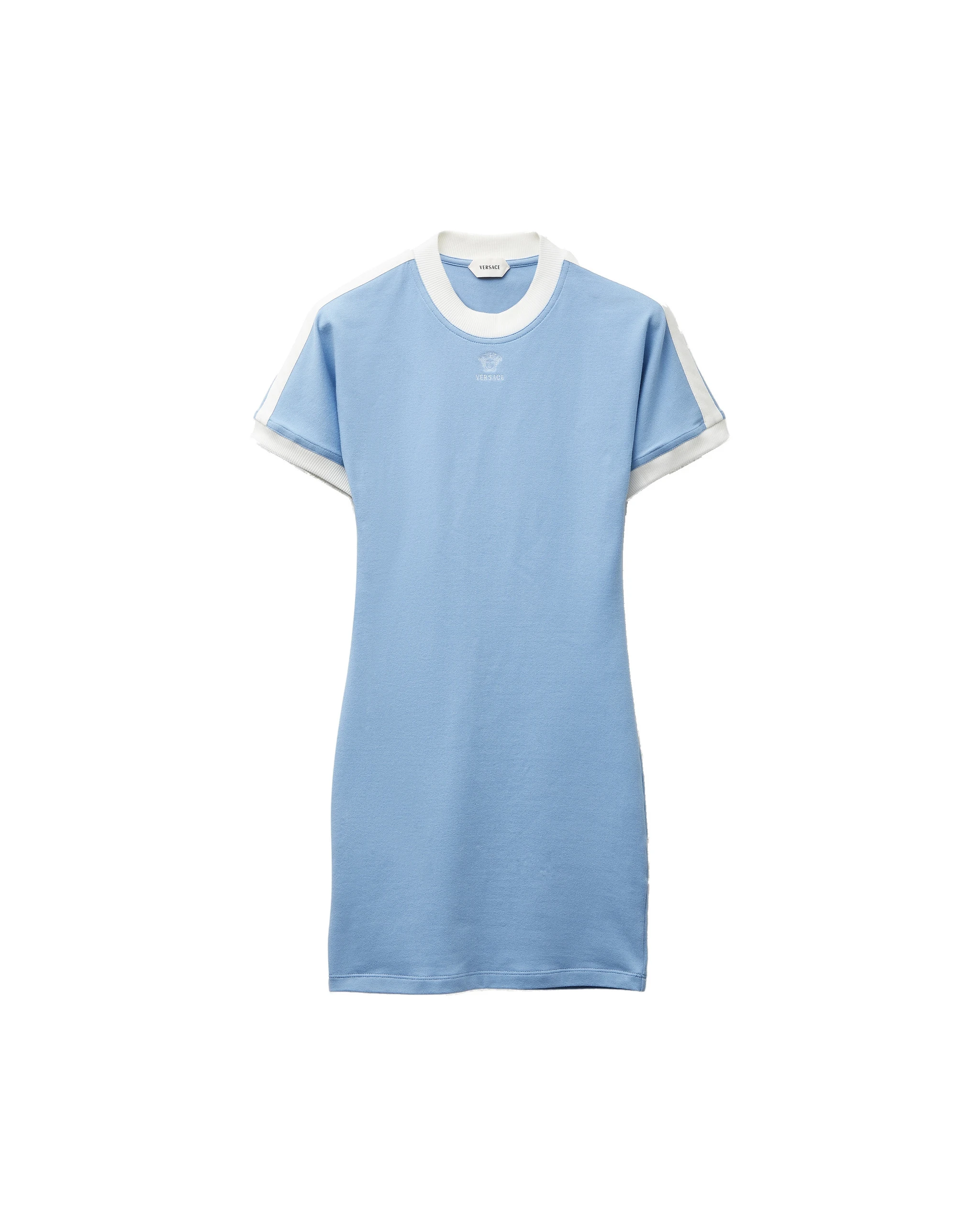 Versace Embroidered-Logo Stretch Cotton-Jersey Mini Dress in Light Blue Versace Embroidered-Logo Stretch Cotton-Jersey Mini Dress in Light Blue | Mini Dresses | Coveti
