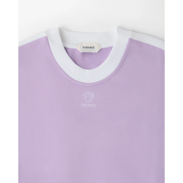 Versace Embroidered-Logo Stretch Cotton-Jersey T-Shirt in Lilac, view 4 | T-shirts
