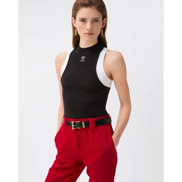 Versace Embroidered-Logo Stretch Cotton-Jersey Tank Top in Grey, view 2 | Sleeveless