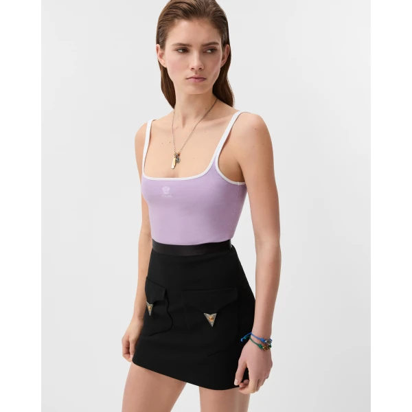 Versace Embroidered-Logo Stretch Cotton-Jersey Tank Top in Lilac, view 2 | Sleeveless