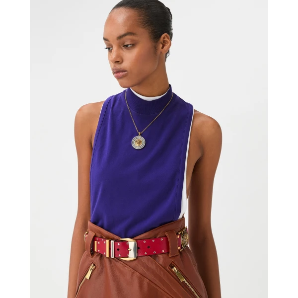 Versace Embroidered-Logo Stretch Cotton-Jersey Tank Top in Purple, view 2 | Sleeveless