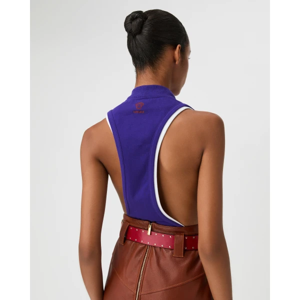 Versace Embroidered-Logo Stretch Cotton-Jersey Tank Top in Purple, view 3 | Sleeveless