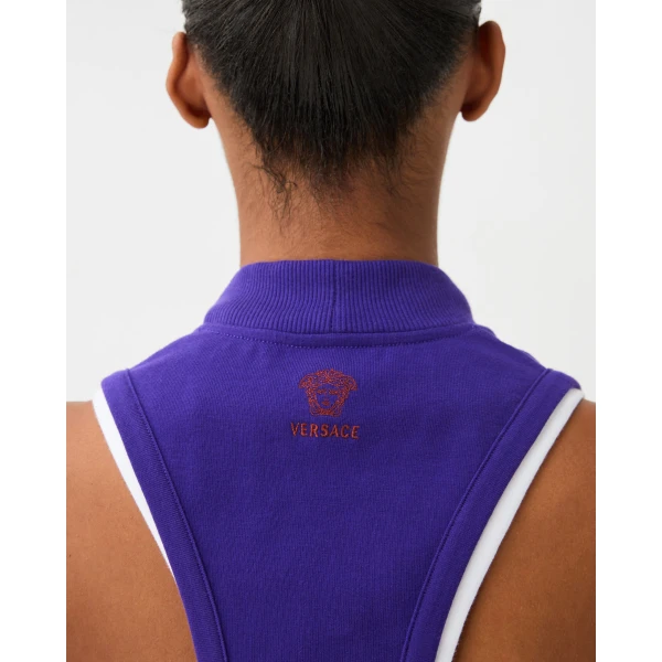 Versace Embroidered-Logo Stretch Cotton-Jersey Tank Top in Purple, view 4 | Sleeveless