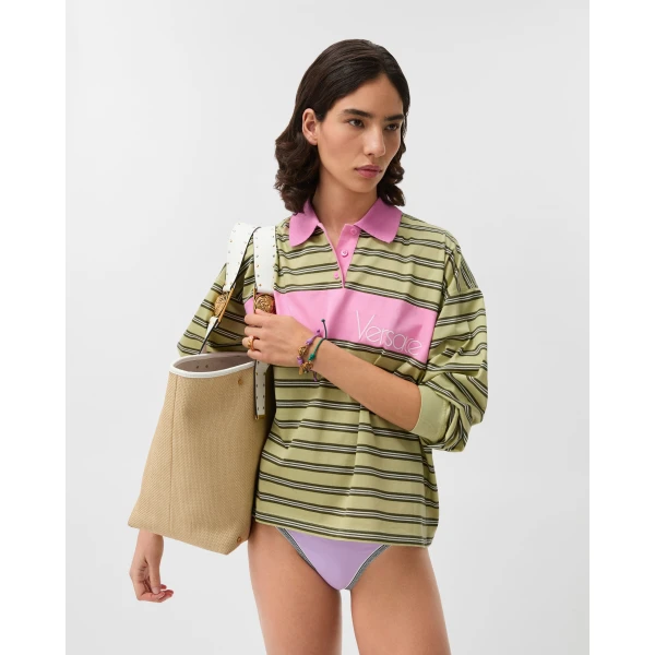 Versace Embroidered-Logo Striped-Intarsia Cotton Polo in Yellow and Pink, view 2 | Tops