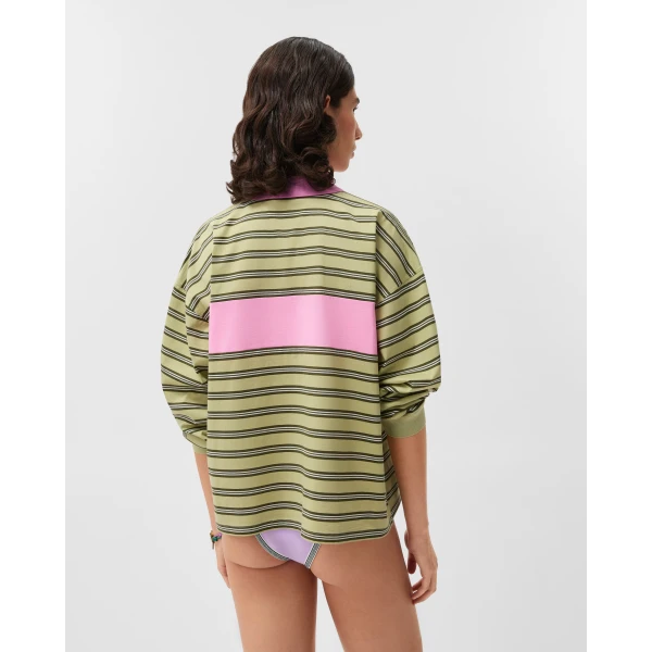 Versace Embroidered-Logo Striped-Intarsia Cotton Polo in Yellow and Pink, view 3 | Tops
