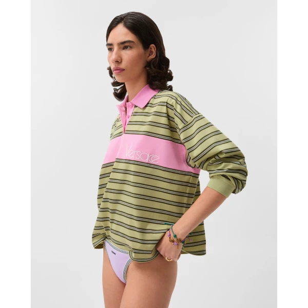 Versace Embroidered-Logo Striped-Intarsia Cotton Polo in Yellow and Pink, view 4 | Tops