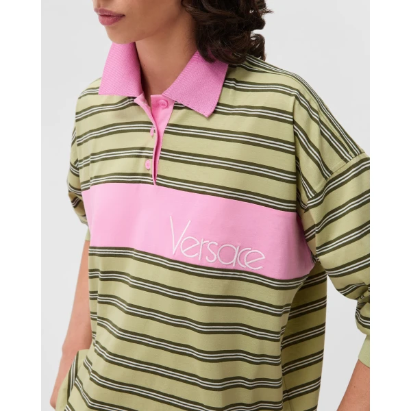 Versace Embroidered-Logo Striped-Intarsia Cotton Polo in Yellow and Pink, view 5 | Tops