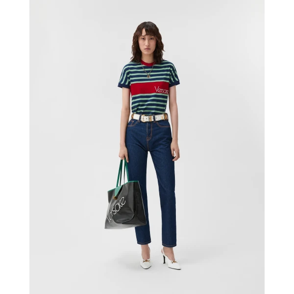 Versace Embroidered-Logo Striped-Intarsia Cotton T-Shirt in Blue and Red, view 2 | T-shirts