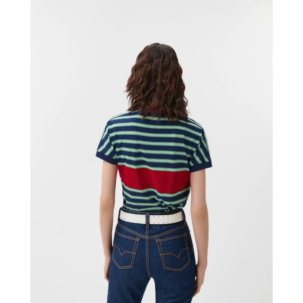 Versace Embroidered-Logo Striped-Intarsia Cotton T-Shirt in Blue and Red, view 3 | T-shirts