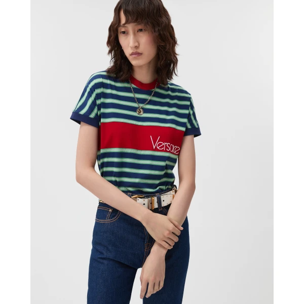 Versace Embroidered-Logo Striped-Intarsia Cotton T-Shirt in Blue and Red, view 4 | T-shirts