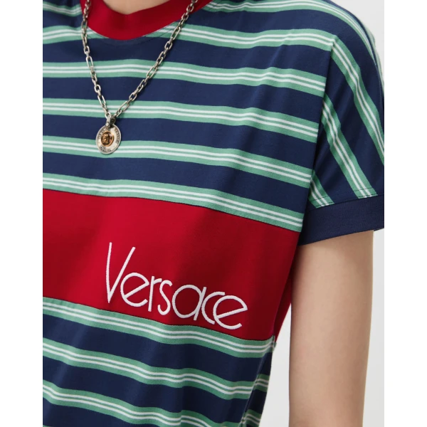 Versace Embroidered-Logo Striped-Intarsia Cotton T-Shirt in Blue and Red, view 5 | T-shirts
