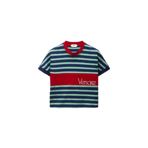Versace Embroidered-Logo Striped-Intarsia Cotton T-Shirt in Blue and Red | T-shirts | Coveti