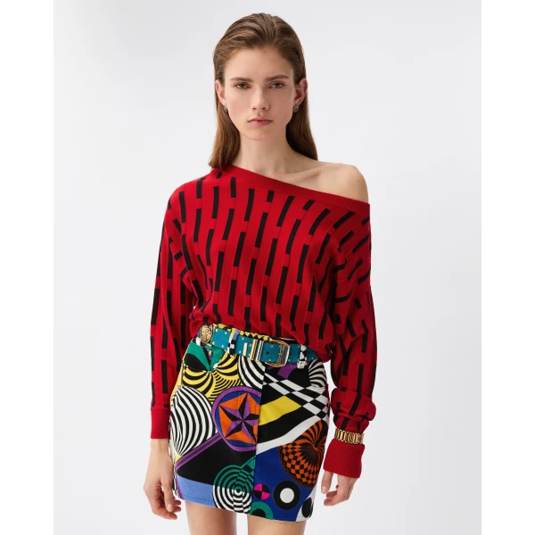 Versace Embroidered-Logo Wool Knit Sweater in Red, view 2 | Sweaters