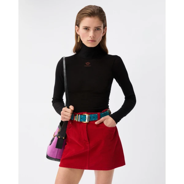 Versace Embroidered-Logo Wool Knit Turtleneck in Black, view 2 | Turtlenecks