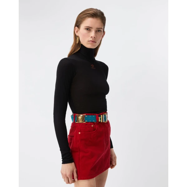 Versace Embroidered-Logo Wool Knit Turtleneck in Black, view 4 | Turtlenecks