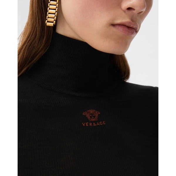 Versace Embroidered-Logo Wool Knit Turtleneck in Black, view 5 | Turtlenecks
