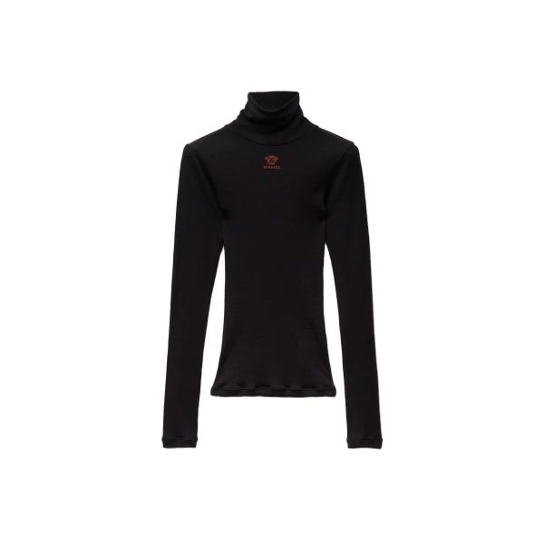 Versace Embroidered-Logo Wool Knit Turtleneck in Black | Turtlenecks | Coveti