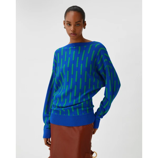 Versace Embroidered-Logo Wool Knit V-Neck Sweater in Blue, view 3 | Sweaters