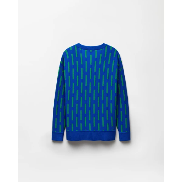 Versace Embroidered-Logo Wool Knit V-Neck Sweater in Blue, view 5 | Sweaters