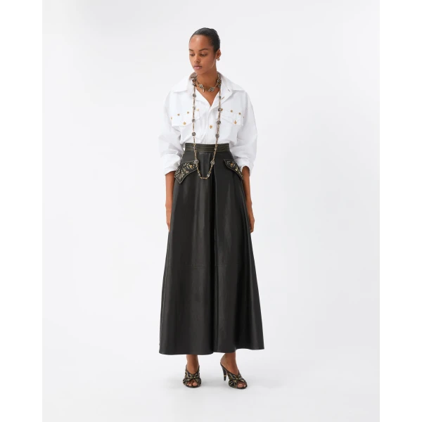 Versace Embroidered Nappa Long Skirt in Black, view 2 | Leather Skirts