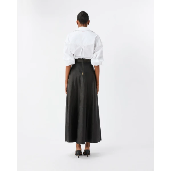 Versace Embroidered Nappa Long Skirt in Black, view 3 | Leather Skirts