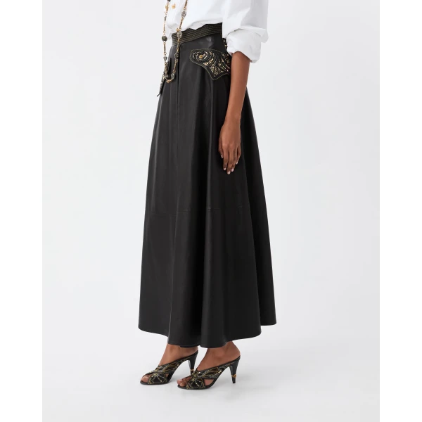 Versace Embroidered Nappa Long Skirt in Black, view 4 | Leather Skirts