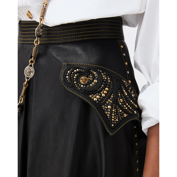 Versace Embroidered Nappa Long Skirt in Black, view 5 | Leather Skirts