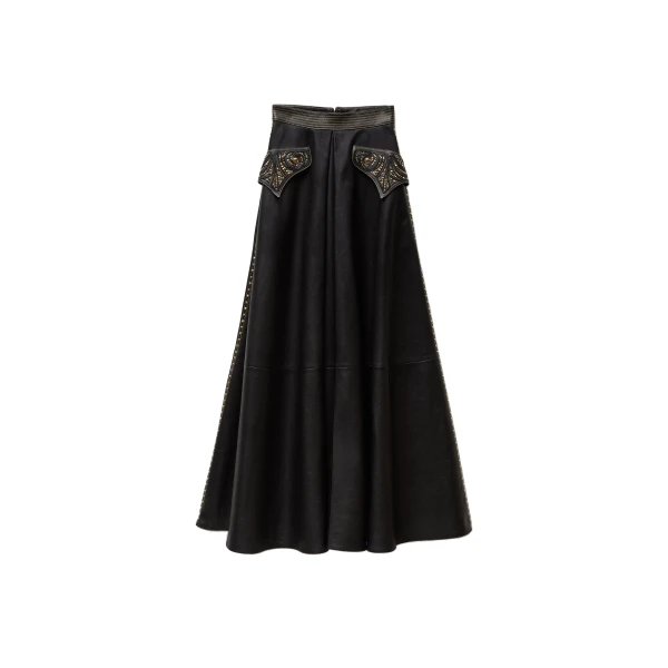 Embroidered Nappa Long Skirt in Black