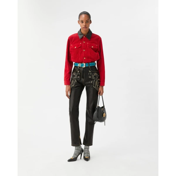 Versace Embroidered Nappa Pants in Black, view 2 | Pants