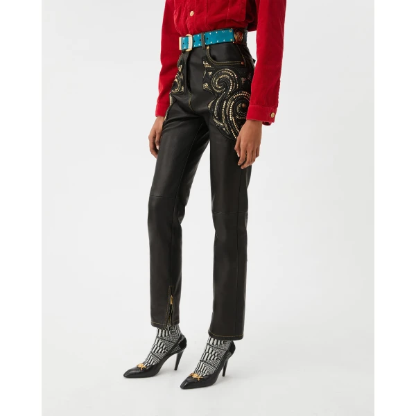 Versace Embroidered Nappa Pants in Black, view 4 | Pants