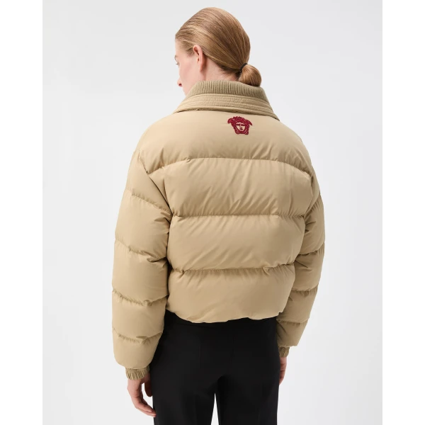 Versace Embroidered Padded Jacket in Beige, view 3 | Jackets