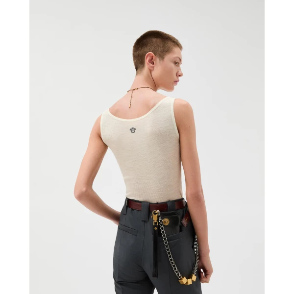 Versace Embroidered Ribbed Wool Tank Top in Yellow, view 3 | Sleeveless