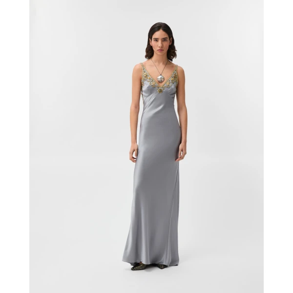 Versace Embroidered Silk Cady Satin Gown in Grey, view 2 | Evening Gowns