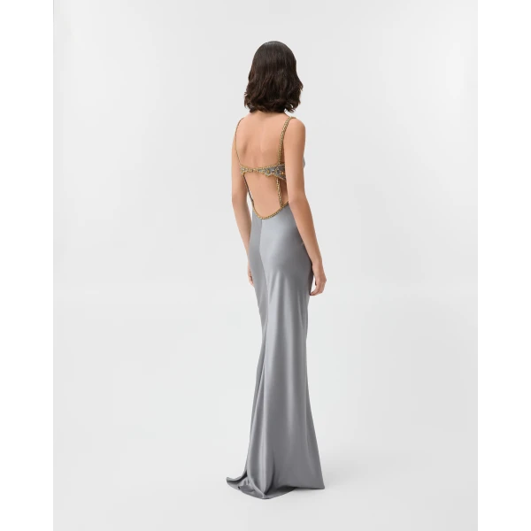 Versace Embroidered Silk Cady Satin Gown in Grey, view 3 | Evening Gowns