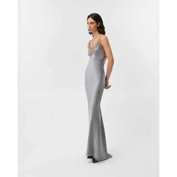 Versace Embroidered Silk Cady Satin Gown in Grey, view 4 | Evening Gowns
