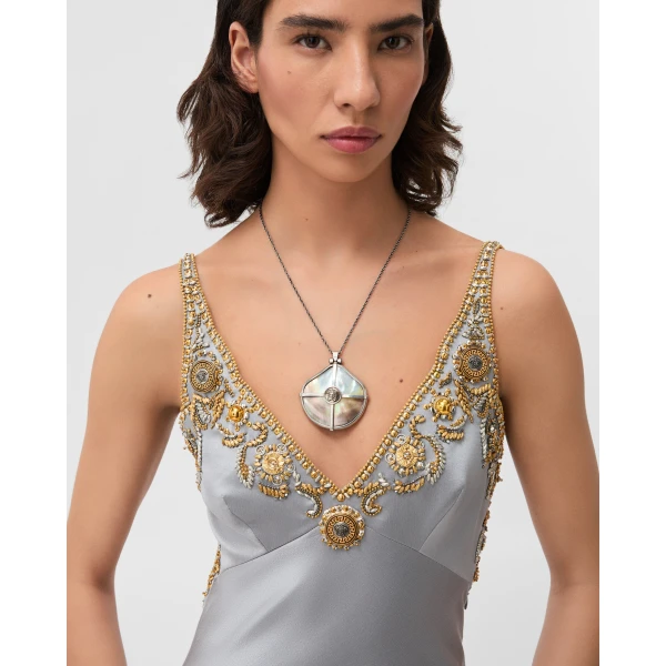 Versace Embroidered Silk Cady Satin Gown in Grey, view 5 | Evening Gowns
