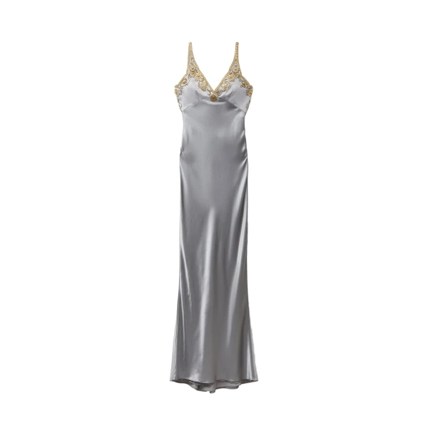 Embroidered Silk Cady Satin Gown in Grey