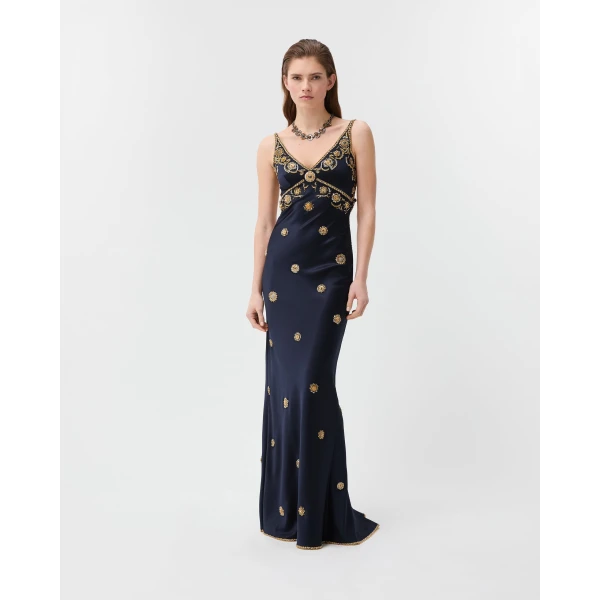 Versace Embroidered Silk Cady Satin Gown in Navy, view 2 | Evening Gowns