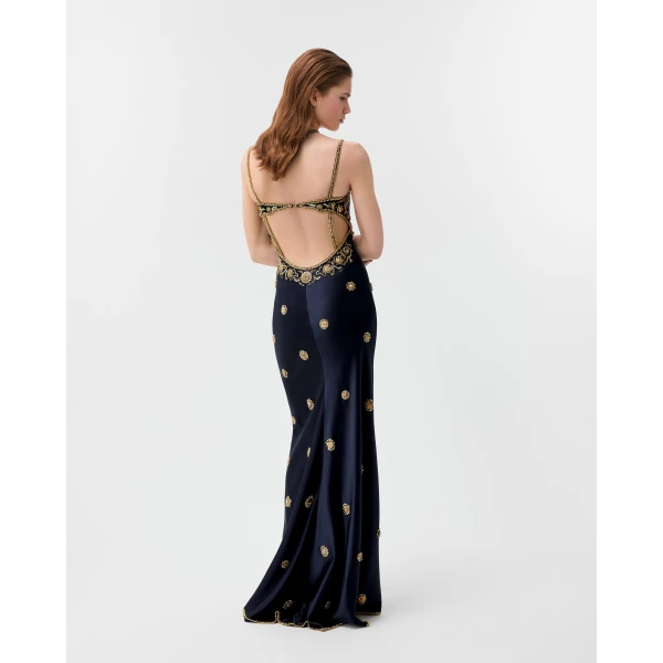 Versace Embroidered Silk Cady Satin Gown in Navy, view 3 | Evening Gowns