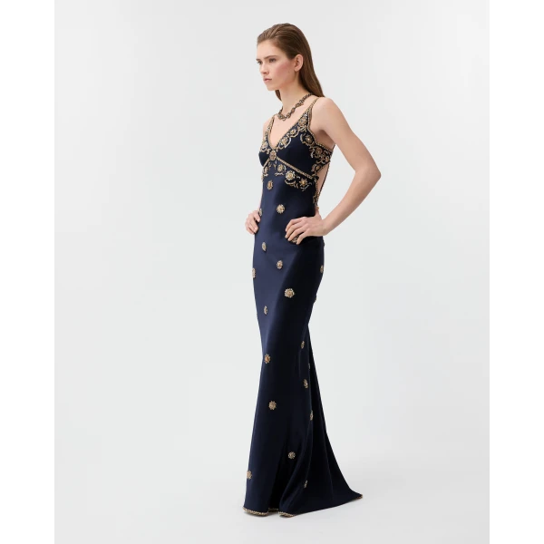 Versace Embroidered Silk Cady Satin Gown in Navy, view 4 | Evening Gowns