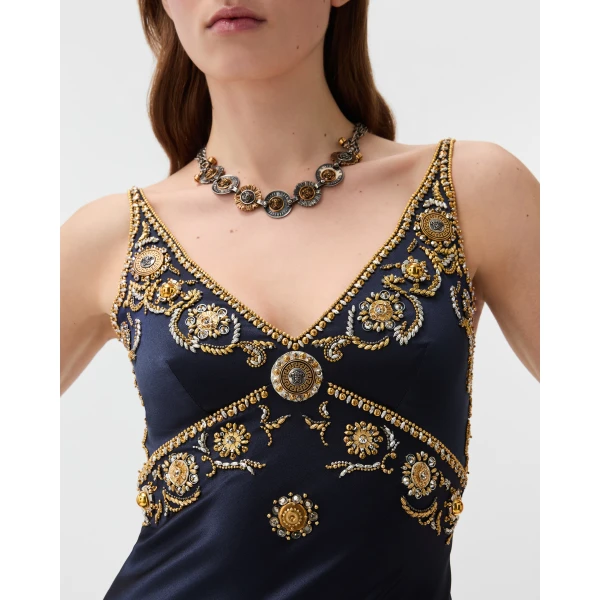 Versace Embroidered Silk Cady Satin Gown in Navy, view 5 | Evening Gowns