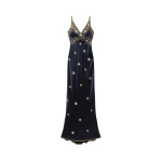 Versace Embroidered Silk Cady Satin Gown in Navy | Evening Gowns | Coveti