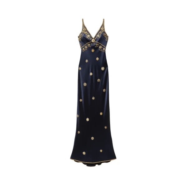 Embroidered Silk Cady Satin Gown in Navy