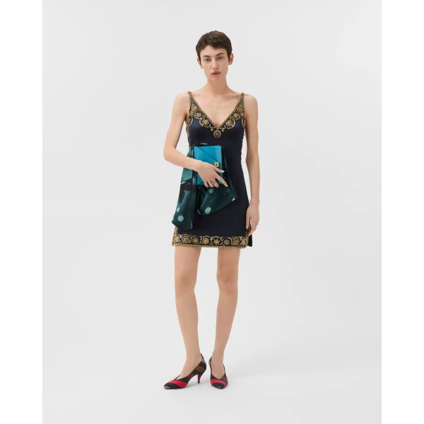 Versace Embroidered Silk Cady Satin Mini Dress in Navy, view 2 | Mini Dresses