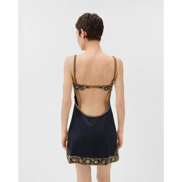 Versace Embroidered Silk Cady Satin Mini Dress in Navy, view 3 | Mini Dresses