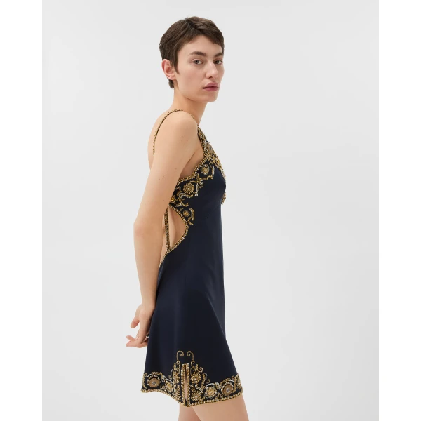 Versace Embroidered Silk Cady Satin Mini Dress in Navy, view 4 | Mini Dresses