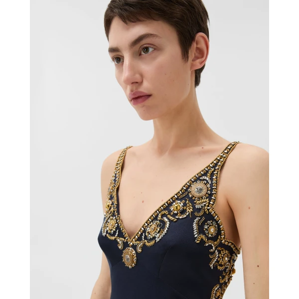 Versace Embroidered Silk Cady Satin Mini Dress in Navy, view 5 | Mini Dresses
