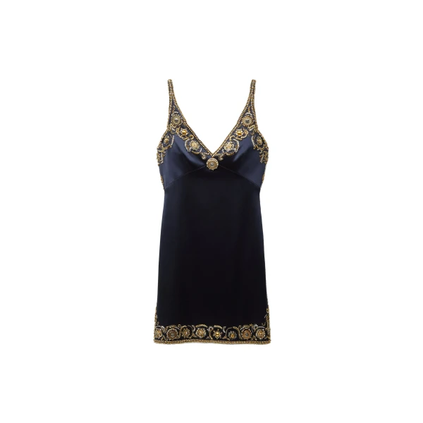 Embroidered Silk Cady Satin Mini Dress in Navy