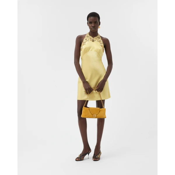 Versace Embroidered Silk Cady Satin Mini Dress in Yellow, view 2 | Mini Dresses